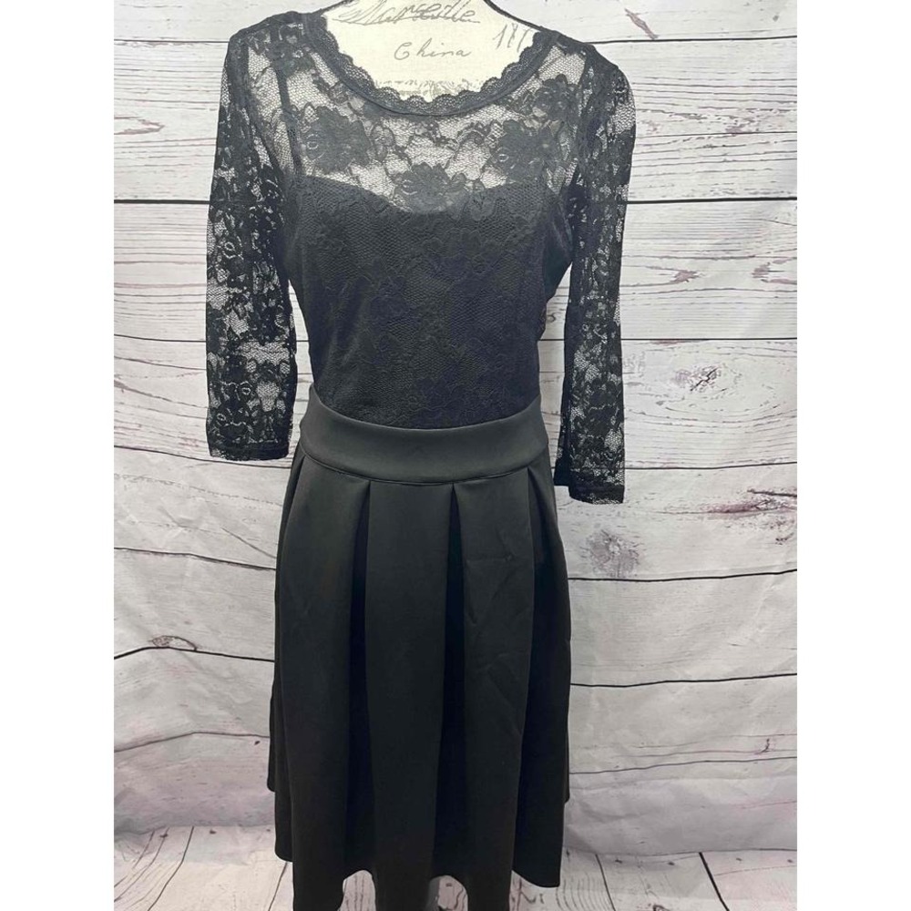 NWT Miusol 8021‎ Black Lace Top 3/4 Sleeve A-line Dress Large